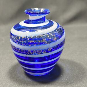 Bud Vase Cobalt Blue Art Glass White Swirl Gold Splat Mini 5oz 3.5x2.5xno Issues